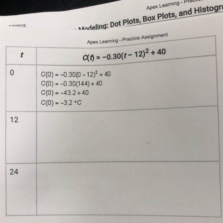 Fill out the following chart to find the temperatures for t=12 (noon) and t=24 (midnight-example-1