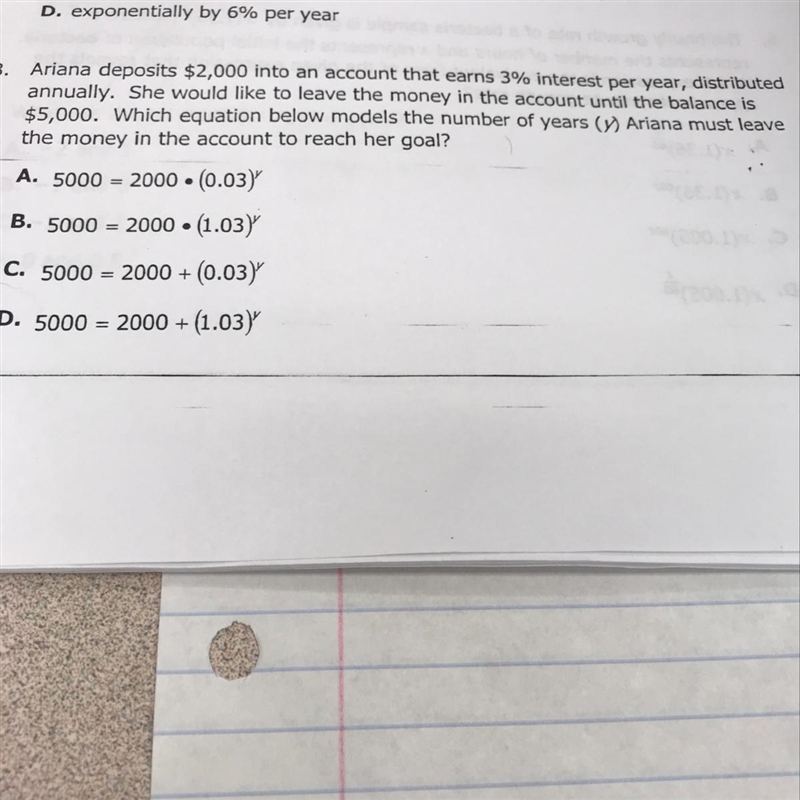 which equation below models the number of years (y) Ariana must leave the money in-example-1