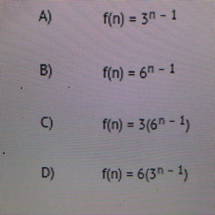 Which function represents the given sequence? n 1 2 3 4 5 an 3 18 108 648 3888 ( answer-example-1