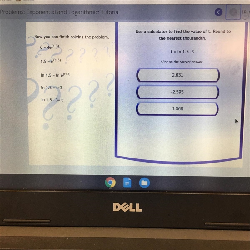 Use a calculator to find the value of t. Round to the nearest thousandth. T=ln 1.5-3-example-1