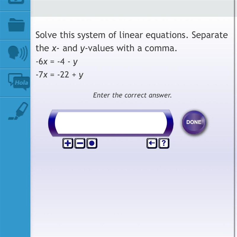 Solve this system of linear equations.separate the x- and y-value with a comma. -6x-example-1