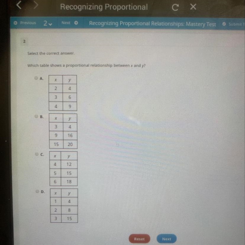 Which table shows a proportional relationship between x and y?-example-1