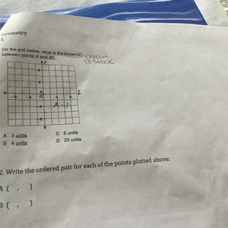 What is the distance between point A and point B?what is the ordered pair for each-example-1