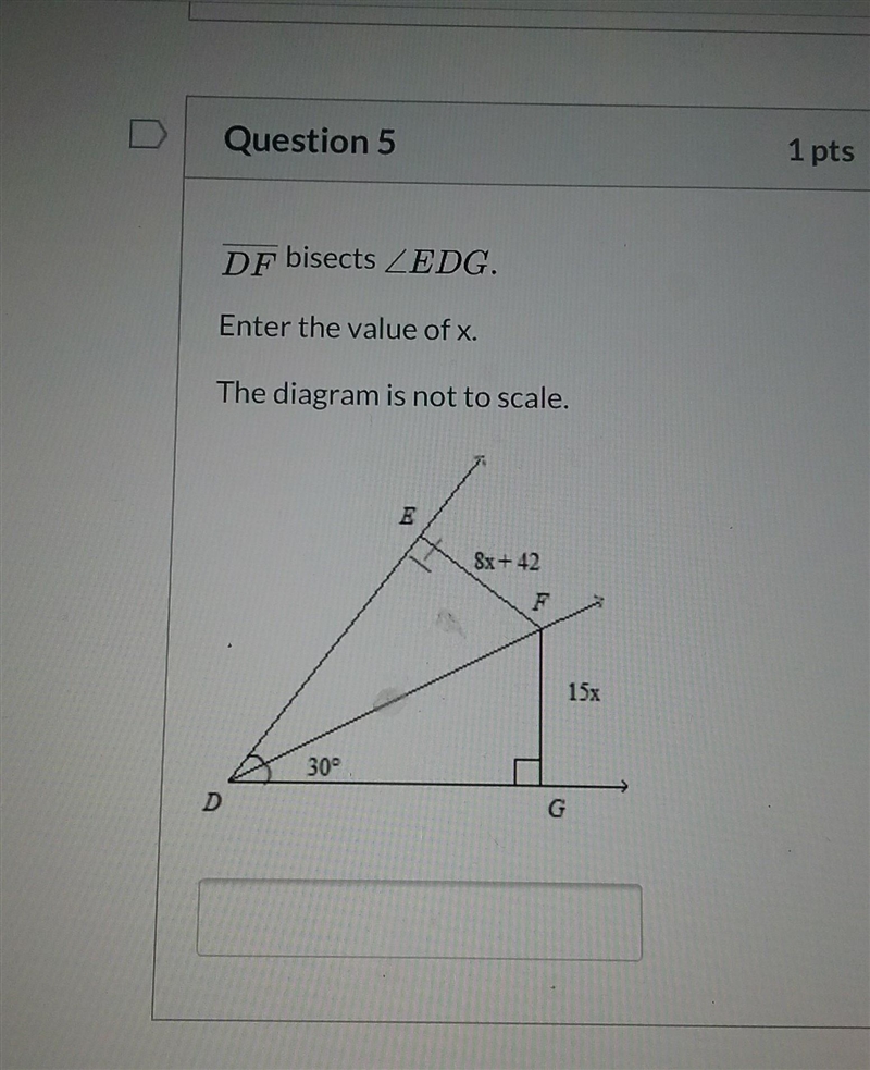 Segment DF bisects angle EDG. Enter the value of x. The diagram is not to scale.​-example-1