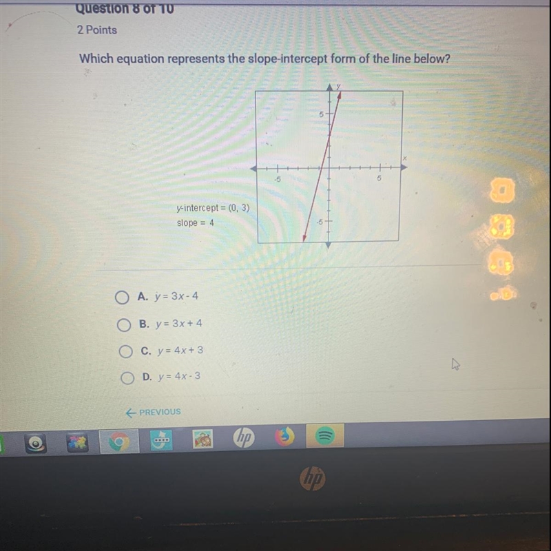 Which equation represents the slope intercept from the line below-example-1