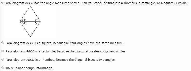 Parallelogram ABCD has the angle measures shown. Can you conclude that it is a rhombus-example-1