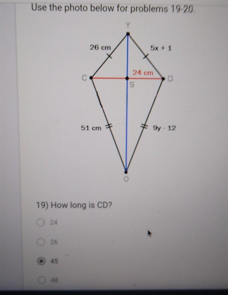 19) how long is CD? 24 () 26() 45() 48()​-example-1