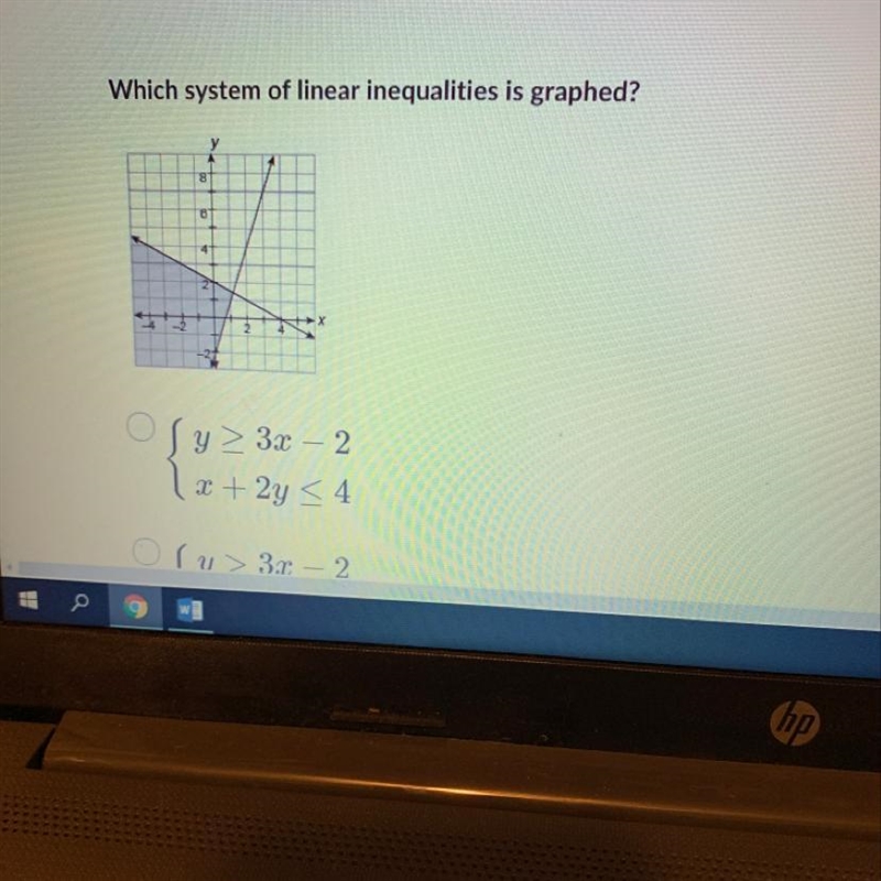 Which system of linear inequalities is graphed?-example-1