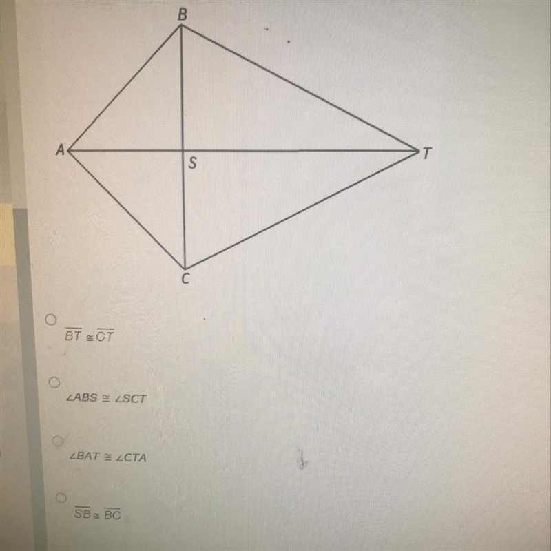 In the figure Triangle BAT is congruent to Triangle CAT. Which statement is true by-example-1