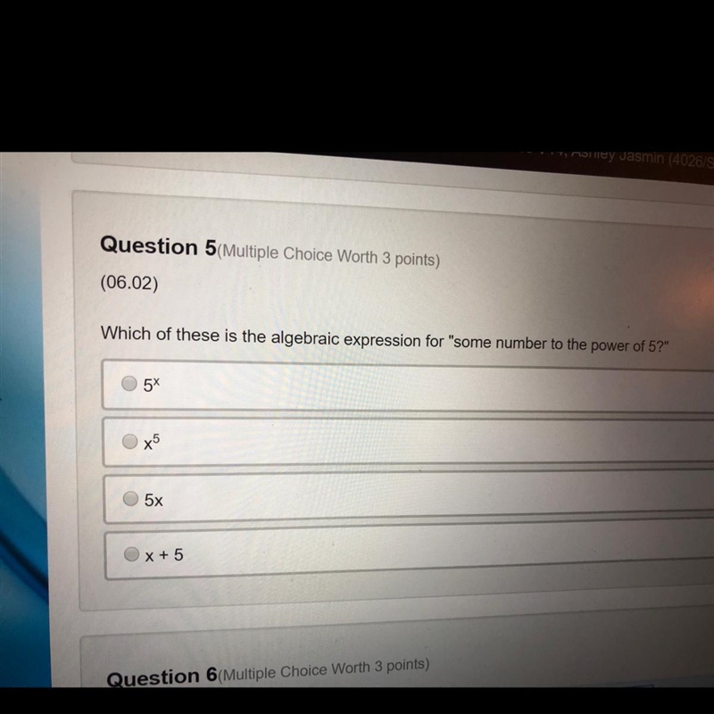 Which of these is the algebraic expression for some number to the power five-example-1