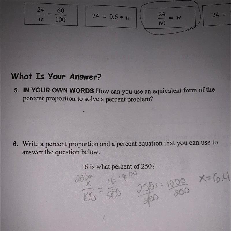 I need help on number 5 please how can you use an equivalent form of the percent proportion-example-1