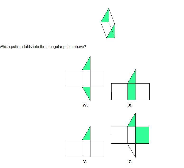 Which pattern folds into the triangular prism above?-example-1