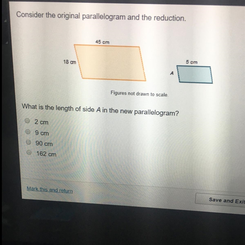 What is the length of side A in the new parallelogram? 2 cm 9cm 90cm 162 cm-example-1