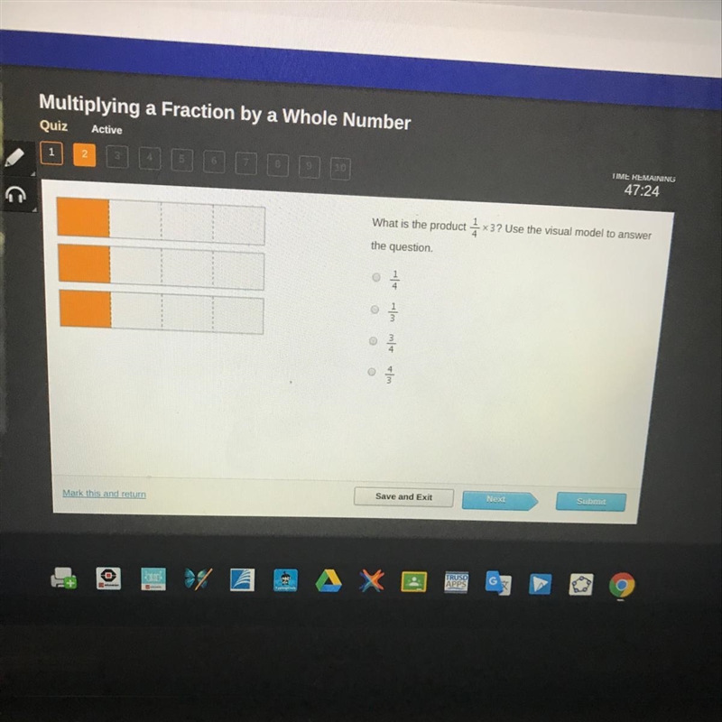 What is the product 1/4 times 3 ? Use the visual model to answer the question?-example-1