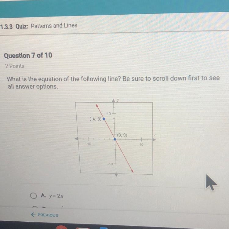 2 Points What is the equation of the following line? Be sure to scroll down first-example-1