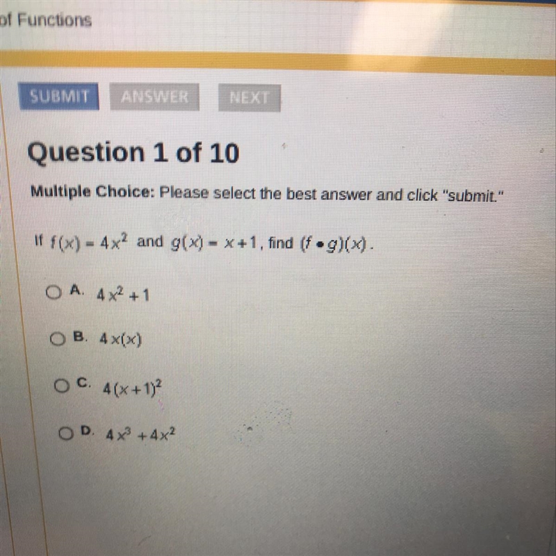 If f(x) = 4 x^2 and g(x) = x+1, find (f•g)(x)-example-1