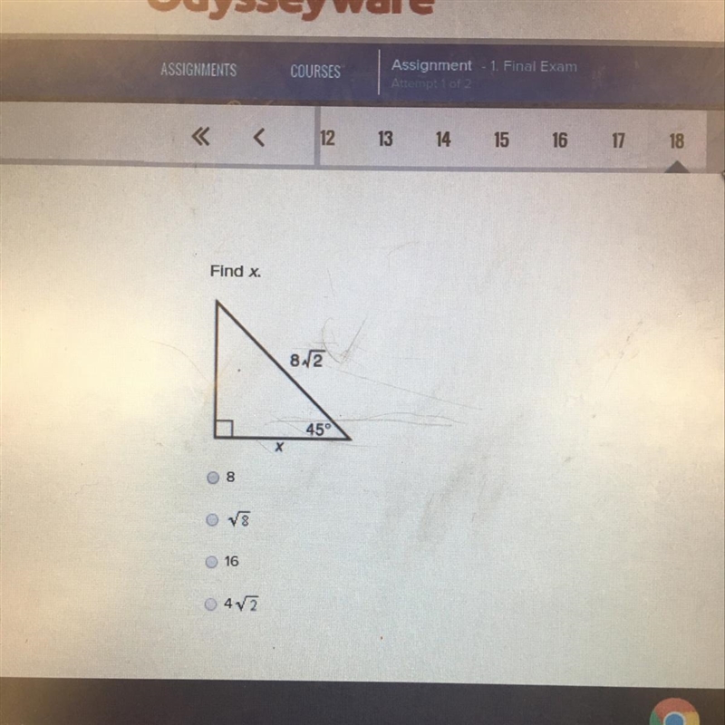 Find x. 8 2 45 angle-example-1