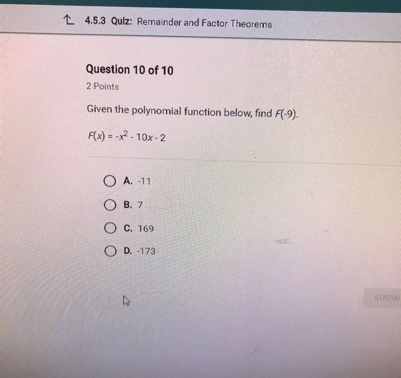 Given that he polynomial function below find f(-9)-example-1