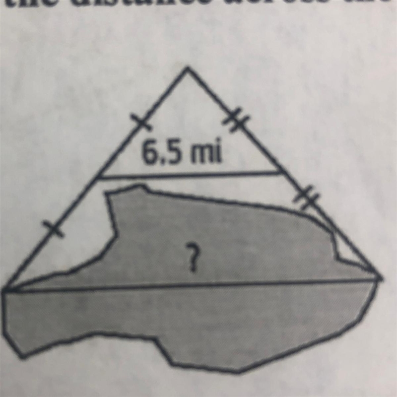 Midsegment of triangle: Find the distance across the lake in-example-1