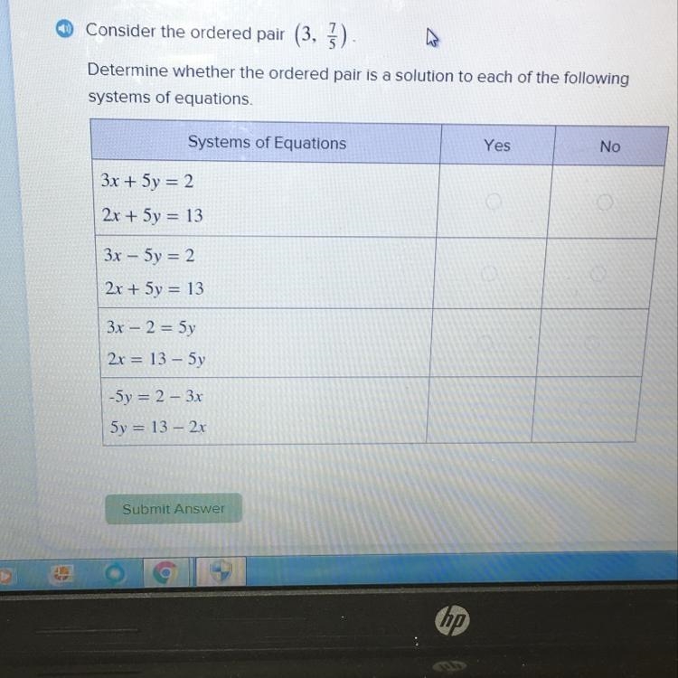 Consider the ordered pair (3, 7\5) Determine if the ordered pair is a solution for-example-1