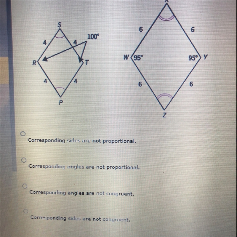 Which of the following statements shows that these two polygons are not similar?-example-1