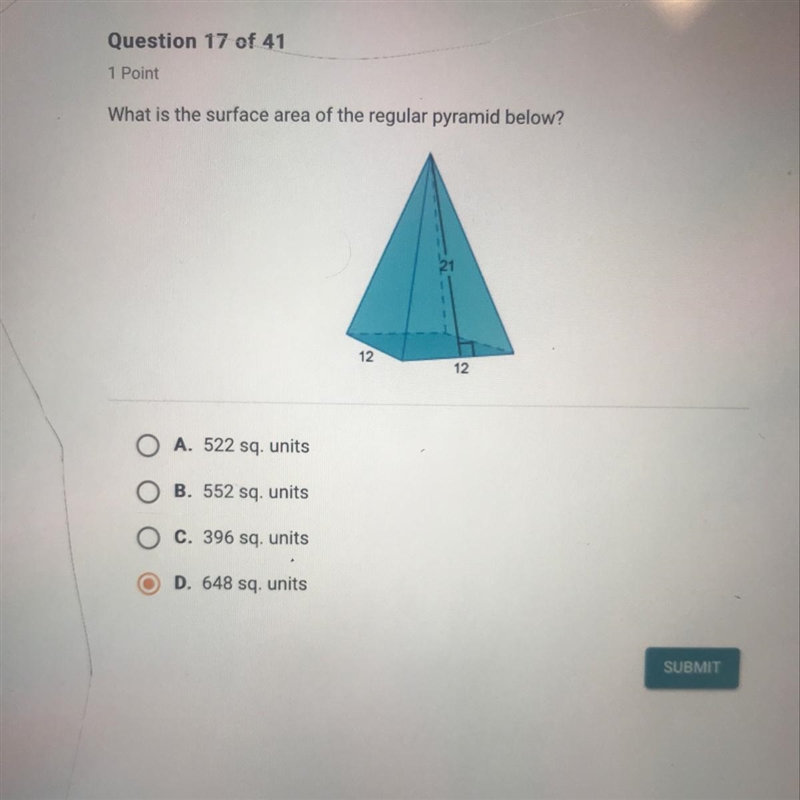 What is the surface area of the regular pyramid below?-example-1