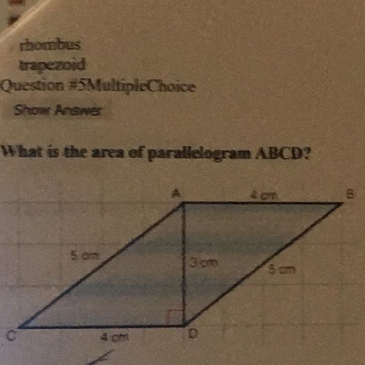 What is the area of parallelogram ABDC O12 cm O15 cm O20 cm O24 cm-example-1