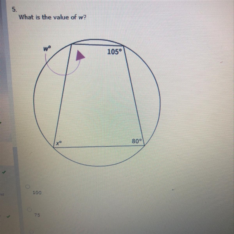 What is the value of w? Answer options: 100, 75, 40, 52.5-example-1