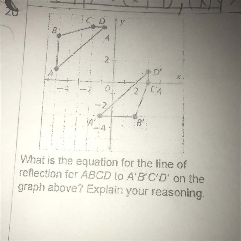 What is the equation for the line of reflection for ABCD to A’B’C’D’? Explain.-example-1