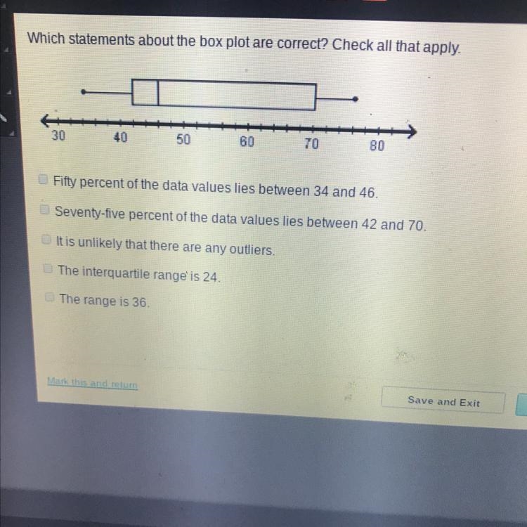 Which statements about the box plot are correct? Check all that apply. Fifty percent-example-1