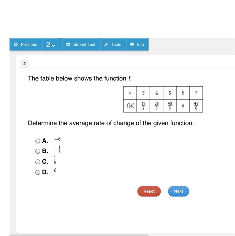 The table below shows the function f. Determine the average rate of change of the-example-1