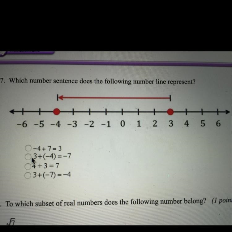 Which number sentence does the following number line represent? 0-4+7= 3 3+(-4)=-7 04+3=7 3+(-7)=-4-example-1