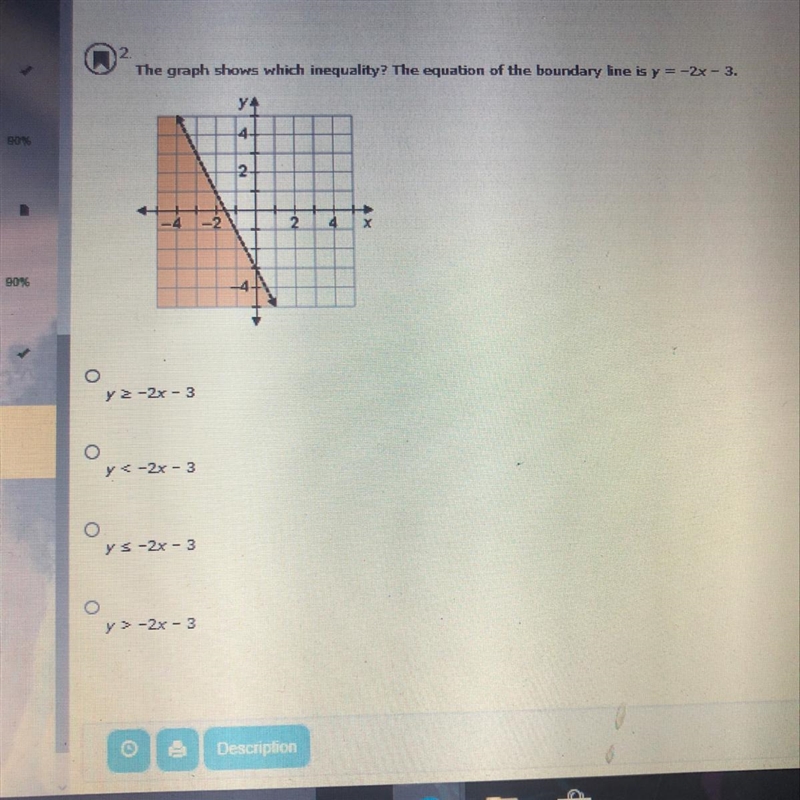 The graph shows which inequality? The equation of the boundary line is y=-2x-3.-example-1