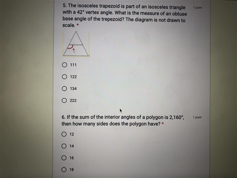 The isosceles trapezoid is part of an isosceles triangle with a 42 degree vertex What-example-1