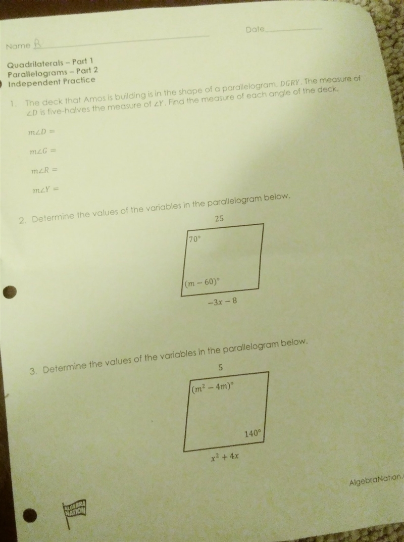 Determine the values of the variables in the parallelograms below help me please-example-1