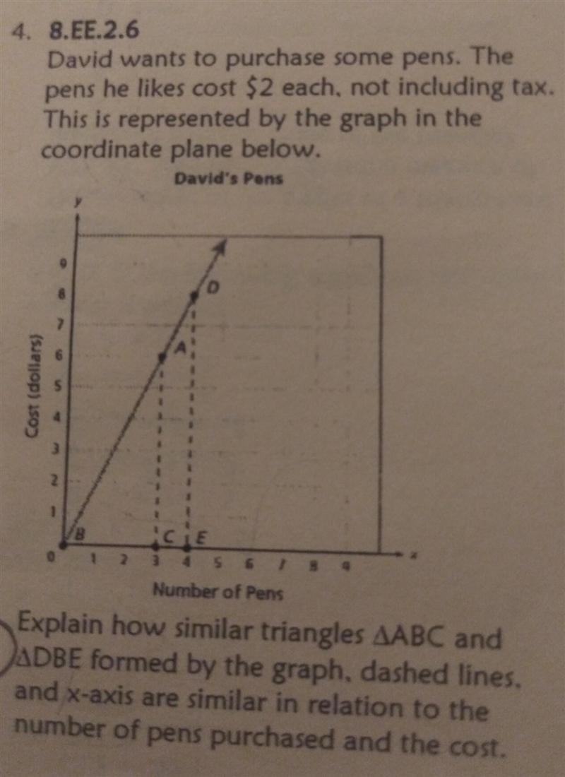 explain how similar triangles ABC and dbe formed by the graph, dashed lines, and x-example-1