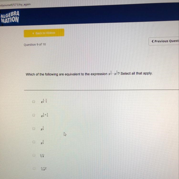 Which of the following are equivalent to the expression x^1/3*x^1/2? Select all that-example-1