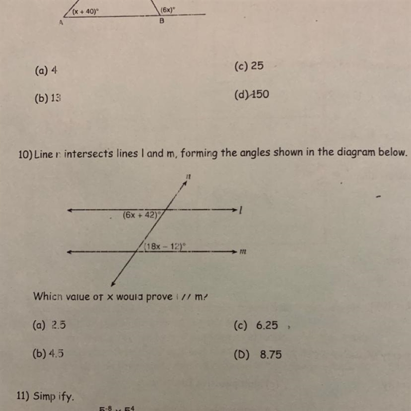 PLEASE HELP ME WITH NUMBER 10 Line n intersects line l and m forming the angles shown-example-1