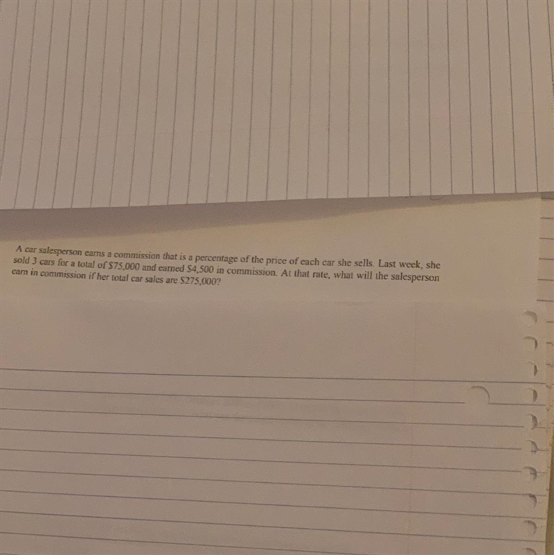 At that rate what will the salesperson earn in commission if her total car sales are-example-1