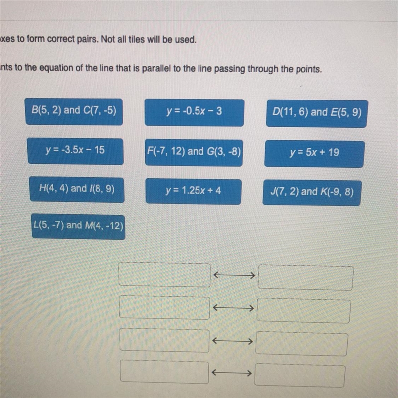 Match each pair of points to the equation of the line that is parallel to the line-example-1