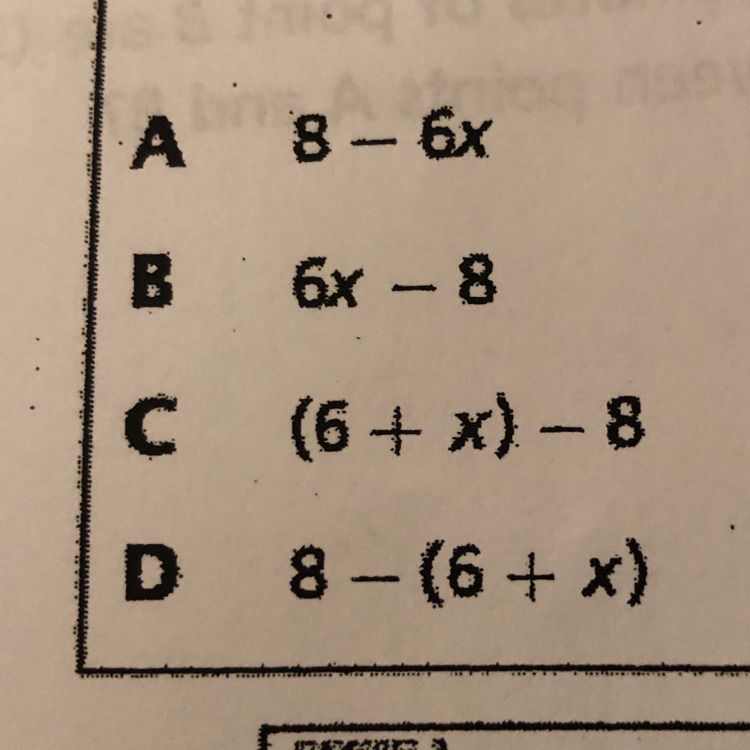 Which expression represents the phrase below? 8 less than the product of 6 and a number-example-1