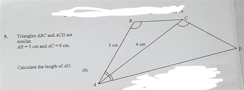 Triangles ABC and ACD are similar. AB=5cm and AC=6cm Calculate the length of AD ​-example-1