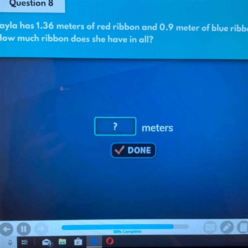 Jayla has 1.36 meters of red ribbon and 0.9 meter of blue ribbon. How much ribbon-example-1