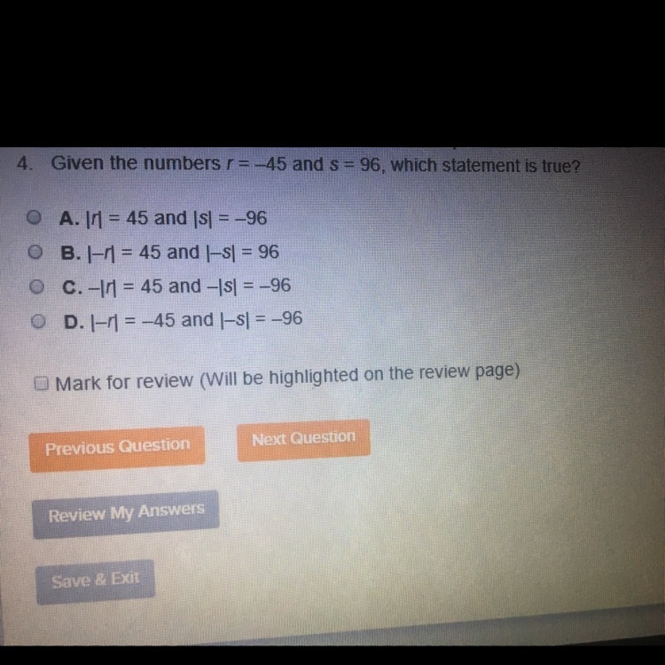 Given the numbers r=-45 and s=96, which statement is true?-example-1