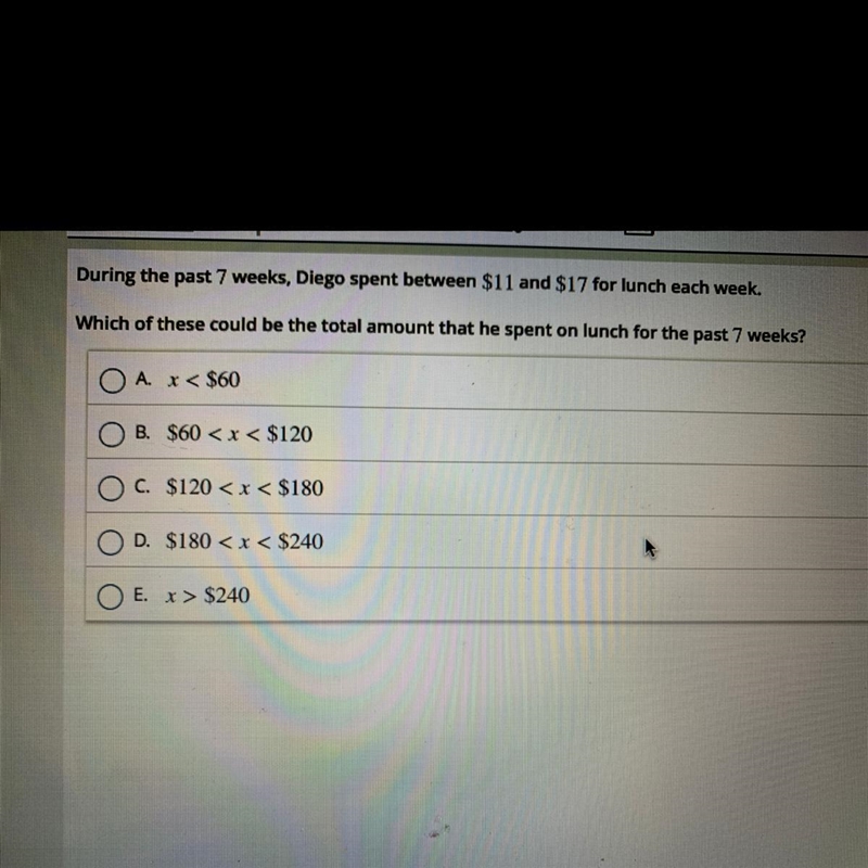 During the past seven weeks Diego spent between $11 and $17 for lunch each week-example-1
