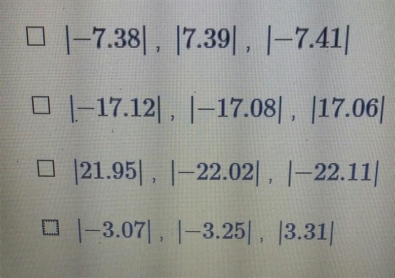 Which list shows the absolute values in order from least to greatest? select each-example-1