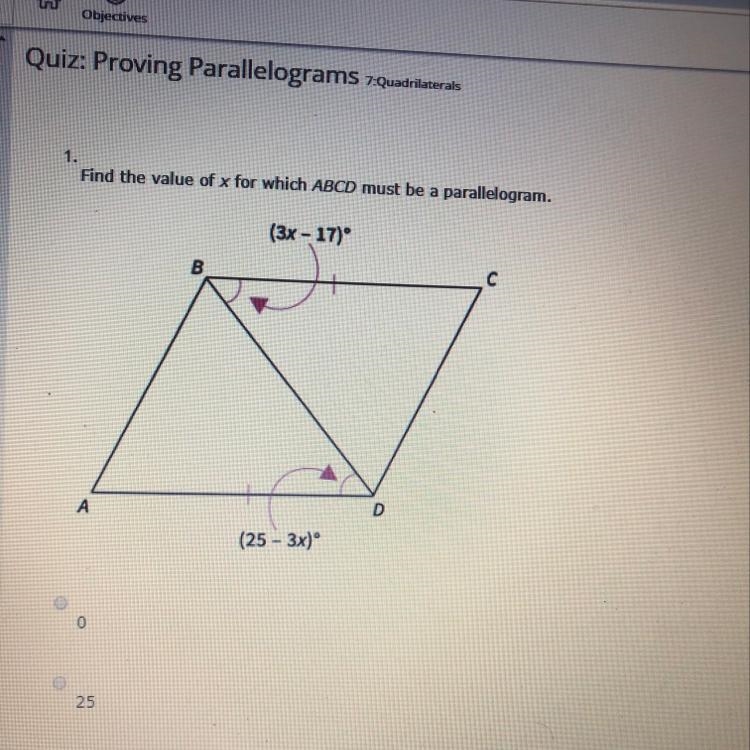 What is the value is of x? A)0 B)25 C)4 D)7-example-1