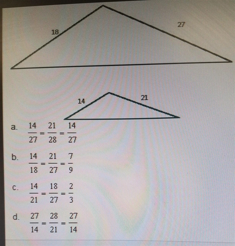 write the ratio of corresponding sides for the similar triangles and reduce the ratio-example-1