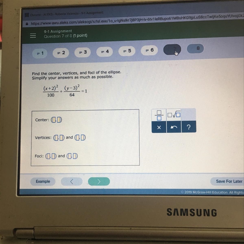 Find the center, vertices, and foci of the ellipse. Simplify your answers as much-example-1