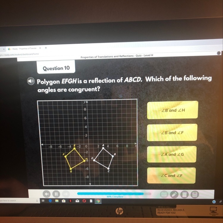 Polygon EFGH is a reflection of ABCD. Which of the following angle are congruent-example-1